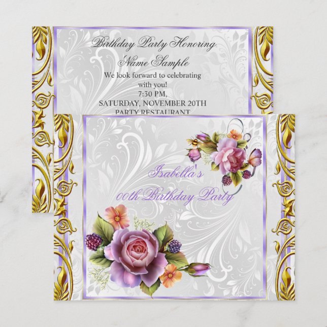 Invitación Elegante Bonito Púrpura Rosa Blanca Cumpleaños (Anverso / Reverso)