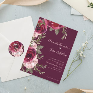 Invitación Elegante Bonito Rubor Boda floral rosa de Borgoña