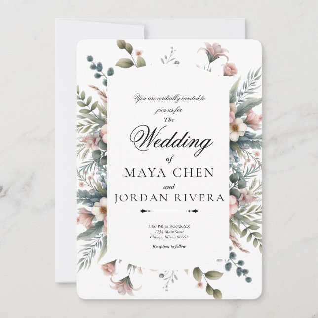 Invitación Elegante borde botánico Rosa de flores (Anverso)