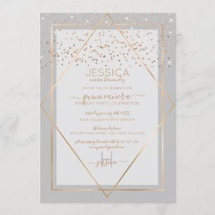 Invitación Elegante borde de confetti de oro gris Quinceañera