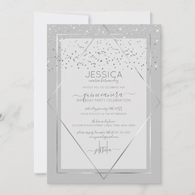 Invitación Elegante borde de confetti de plata gris Quinceañe (Anverso)