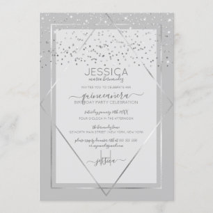 Invitación Elegante borde de confetti de plata gris Quinceañe