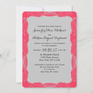 Invitación Elegante borde de encaje rosado de coral y gris pi
