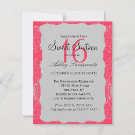 Invitación Elegante borde de encaje rosado de coral y gris pi