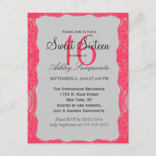 Invitación Elegante borde de encaje rosado de coral y gris pi