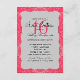 Invitación Elegante borde de encaje rosado de coral y gris pi
