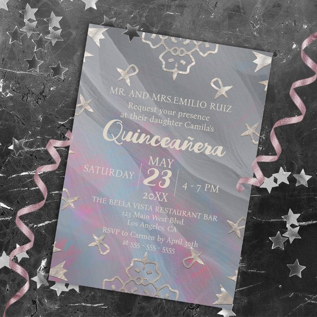 Invitación Elegante borde filigrí sobre la seda gris Quinceañ (Subido por el creador)