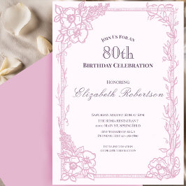 Invitación Elegante borde floral rosa cumpleaños 80 de mujer