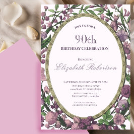 Invitación Elegante borde floral rosa cumpleaños 90 de mujer