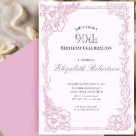 Invitación Elegante borde floral rosa para cumpleaños 90 de m