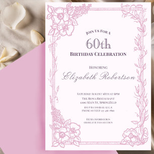Invitación Elegante borde floral rosa para el 60 cumpleaños d