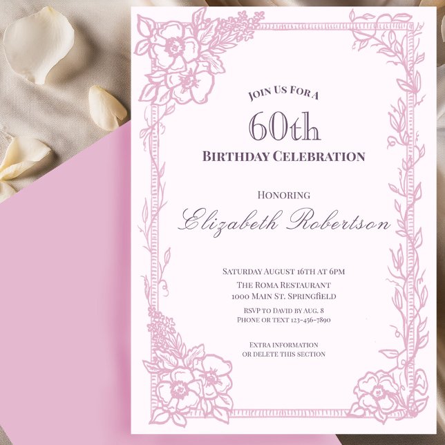 Invitación Elegante borde floral rosa para el 60 cumpleaños d (Subido por el creador)