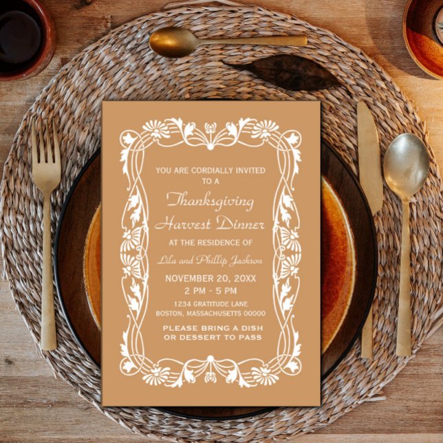Invitación Elegante borde marrón invitado de Acción de Gracia (Brown Elegant Border Thanksgiving Invite)