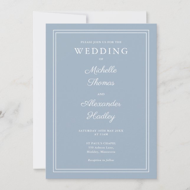 Invitación Elegante borde QR Código Boda azul turbio (Anverso)