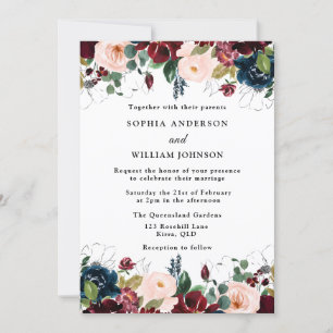 Invitación Elegante Borgoña, Boda de acuarela de Rubor y Mari