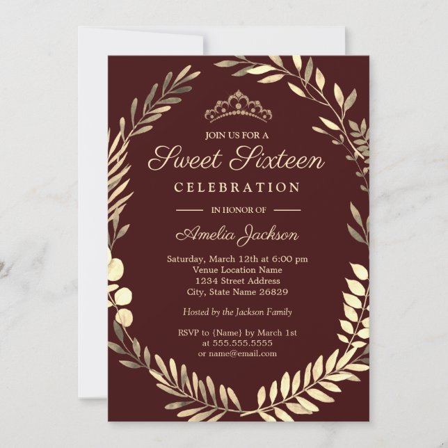 Invitación Elegante Borgoña Dorada Dulce Dulce (Anverso)