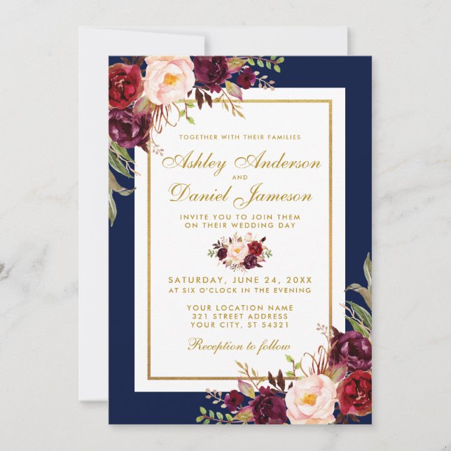 Invitación Elegante Borgoña Floral Blue Gold Wedding Invite (Anverso)
