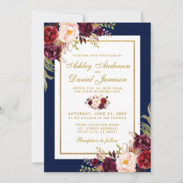 Invitación Elegante Borgoña Floral Blue Gold Wedding Invite