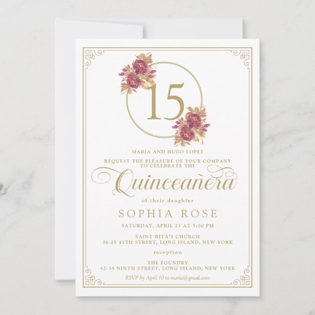 Invitación Elegante Borgoña Floral y Quinceanera Gold (Anverso)