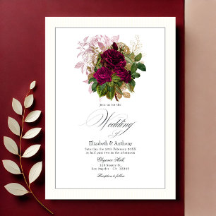 Invitación Elegante Borgoña, Oro y Boda floral Rubor