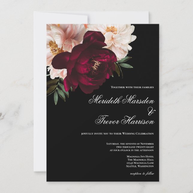 Invitación Elegante Borgoña Oscura y Boda negro floral de Rub (Anverso)