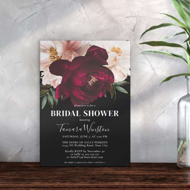 Invitación Elegante Borgoña Oscura y ducha floral Rubor (Subido por el creador)