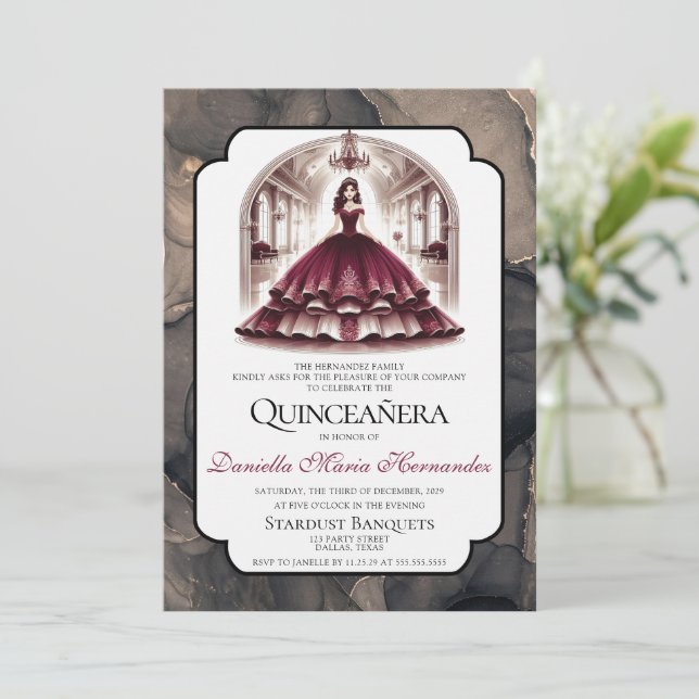 Invitación Elegante Borgoña Quinceañera (Anverso de pie)