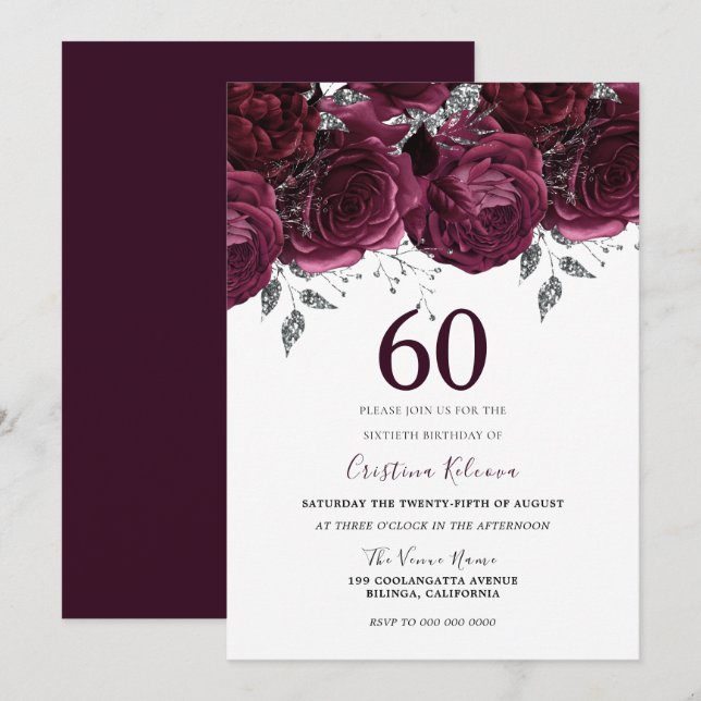 Invitación Elegante Borgoña Rosas de la Maroon 60ª fiesta de  (Anverso / Reverso)