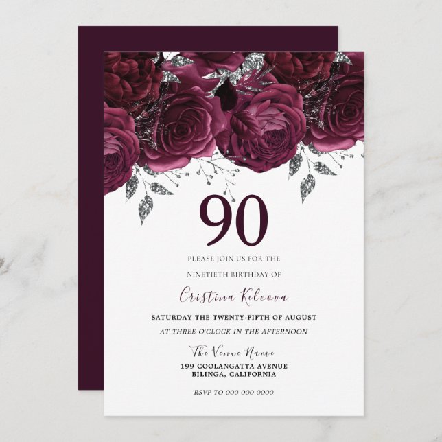 Invitación Elegante Borgoña Rosas de la Maroon 90ª fiesta de  (Anverso / Reverso)