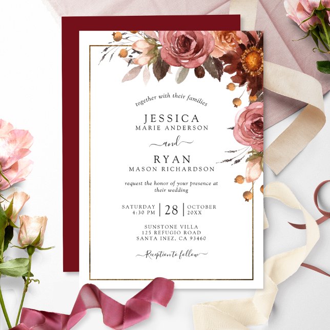 Invitación Elegante Borgoña, Rubor, Boda de Honey Floral (Subido por el creador)