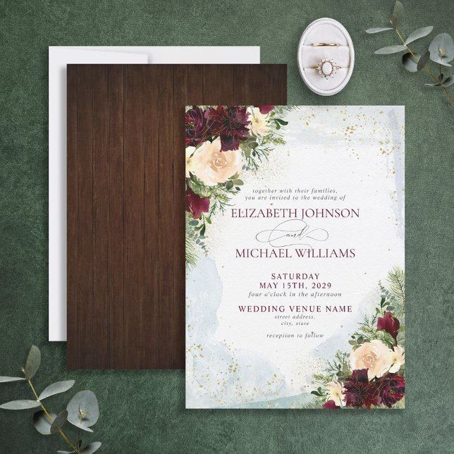 Invitación Elegante Borgoña Rubor Gold Floral Country Wedding (Subido por el creador)