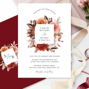 Invitación Elegante Borgoña, Rubor y Boda floral rosa