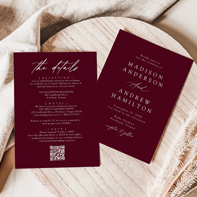 Invitación Elegante Borgoña Todo En Un Boda De Código QR (Subido por el creador)