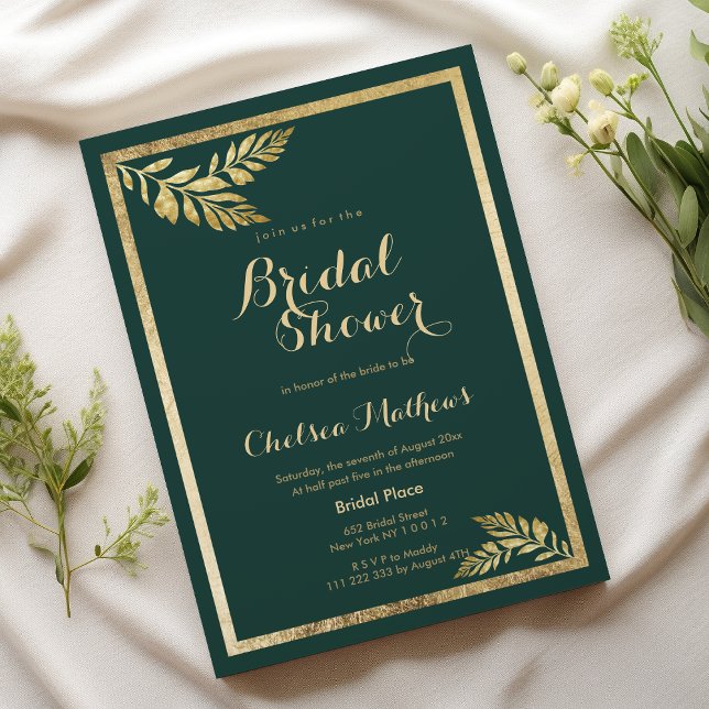 Invitación Elegante bosque de hoja dorada hoja verde Bridal S (Elegant forest green golden leaf Bridal Shower)