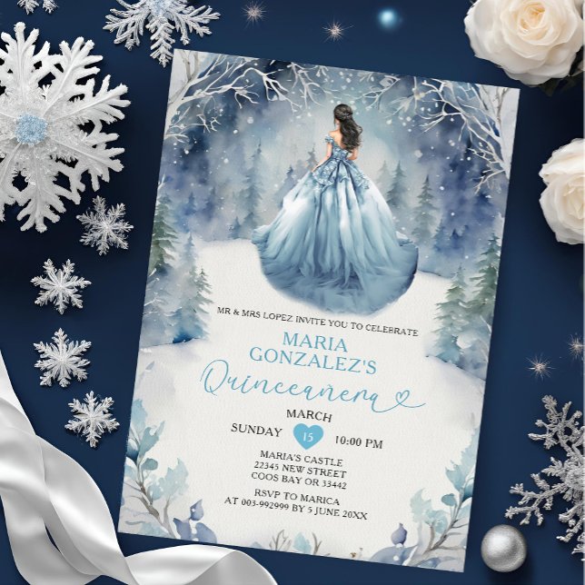 Invitación Elegante bosque de invierno Dusty Blue Dress Quinc (Subido por el creador)