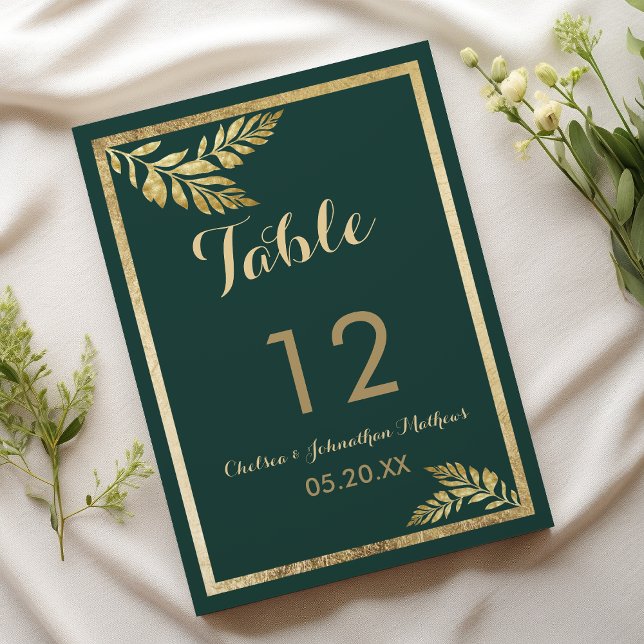 Invitación Elegante bosque verde hoja dorada Números de tabla (Elegant forest green golden leaf Table Numbers)