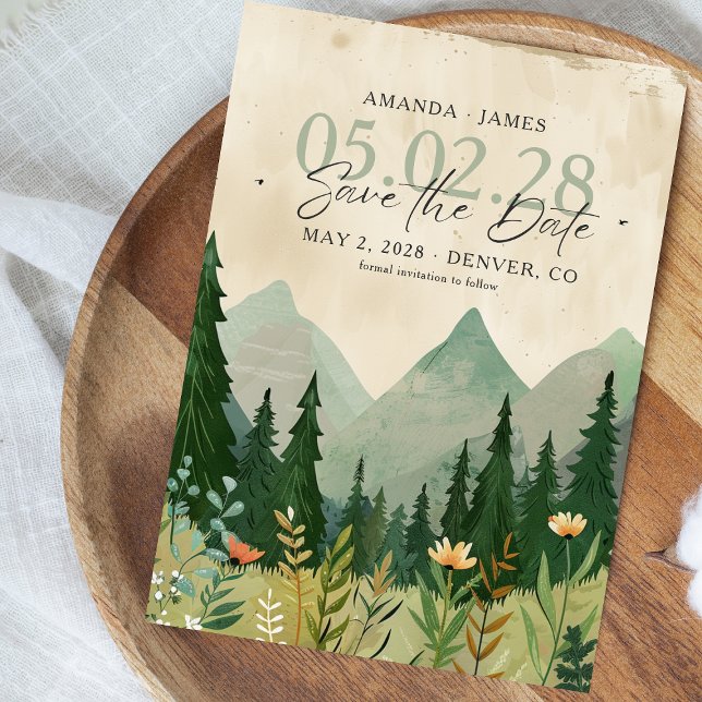 Invitación Elegante bosque y montaña salvan la fecha (Elegant woodland-themed wedding save the date card featuring pine trees and mountains )