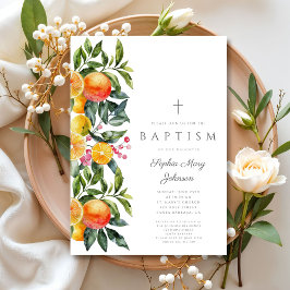 Invitación Elegante Botánico Cítrico Religioso Bautizo de Niñ