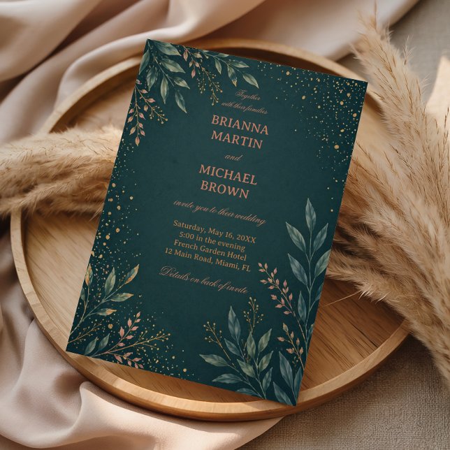 Invitación Elegante Botánico Dorado Turquesa (Subido por el creador)