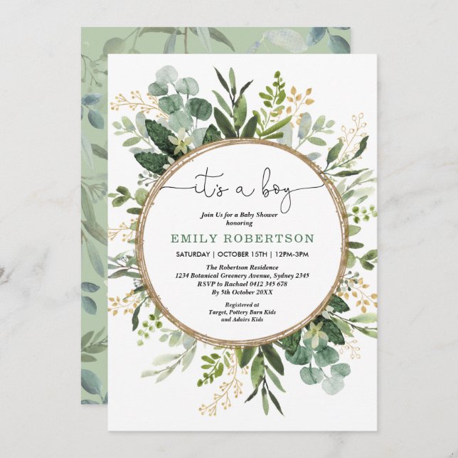 Invitación Elegante botánico Greenery Boy Gold Baby Shower (Anverso / Reverso)