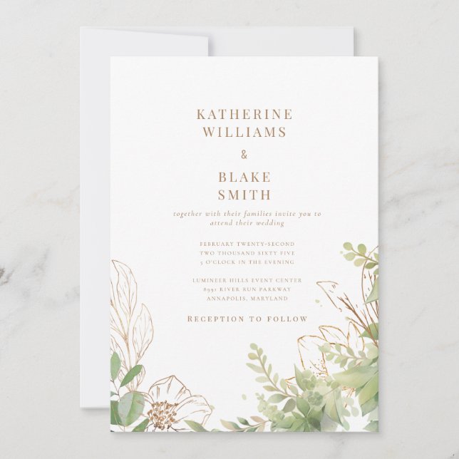 Invitación Elegante Botánico Junto Con Boda De Texto De Oro (Anverso)