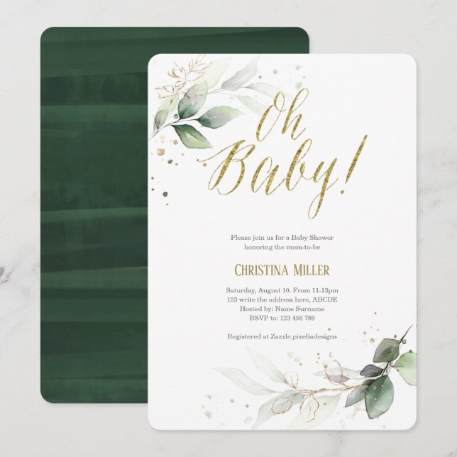 Invitación Elegante, botánico, moderno, verde, Baby Shower (Anverso / Reverso)