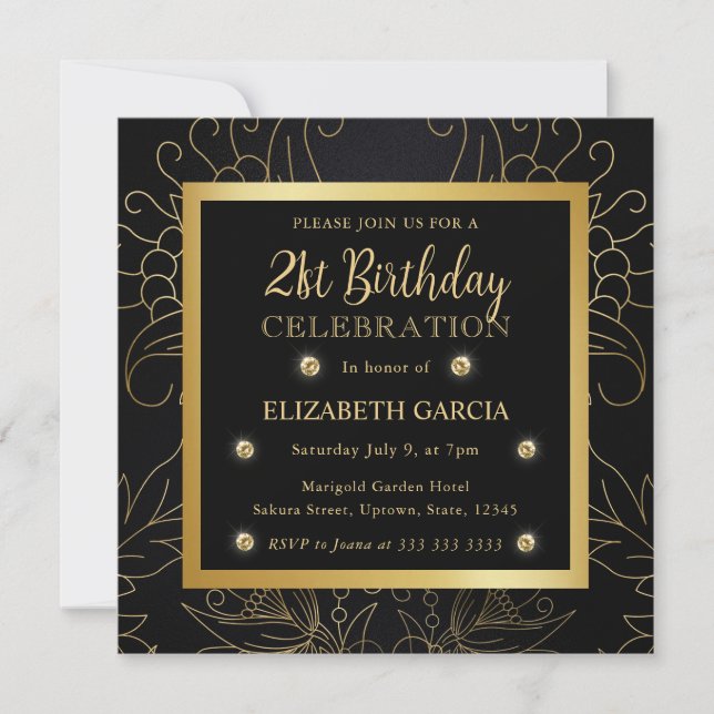 Invitación Elegante Botánico Negro y Oro 21 cumpleaños (Anverso)