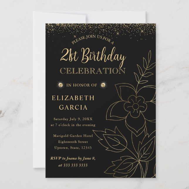 Invitación Elegante Botánico Negro y Oro 21 cumpleaños (Anverso)