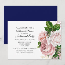 Invitación Elegante Botánico Rosa Floral Azul Marino Blanco E