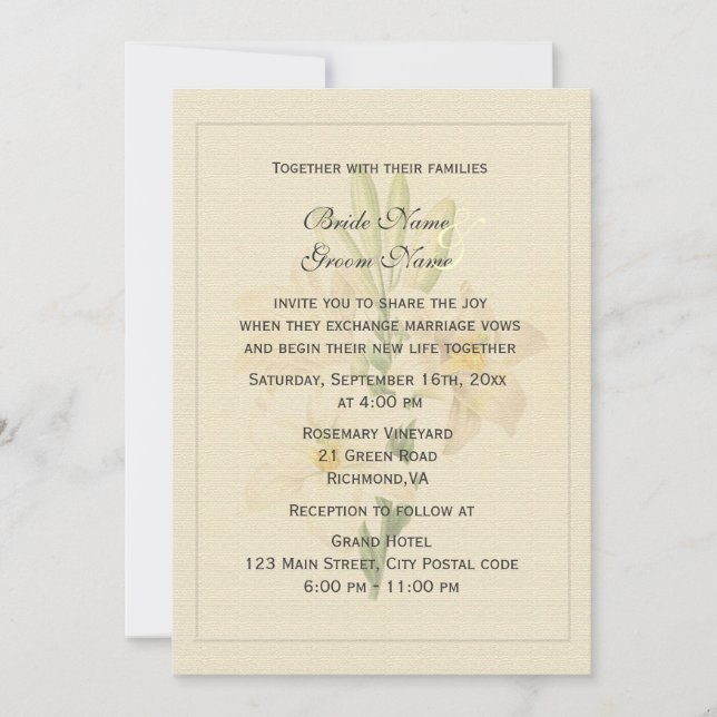 Invitación Elegante botánico vintage  lirio blanco boda (Anverso)