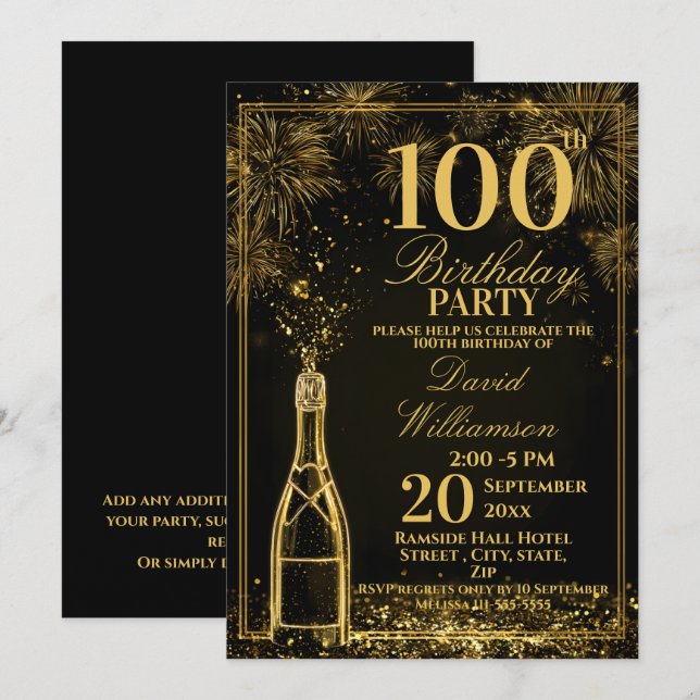 Invitación Elegante Botella de Fizz Dorada Cumpleaños 100 (Anverso / Reverso)