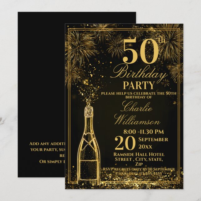 Invitación Elegante Botella de Fizz Dorada Cumpleaños 50 (Anverso / Reverso)