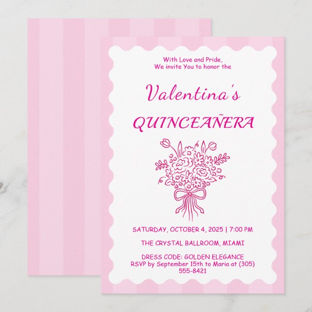 Invitación Elegante Bouquet floral de Quinceañera | Blanco y  (Anverso / Reverso)