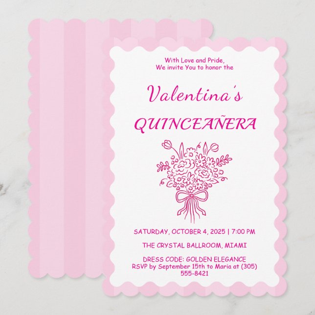 Invitación Elegante Bouquet floral de Quinceañera | Blanco y  (Anverso / Reverso)